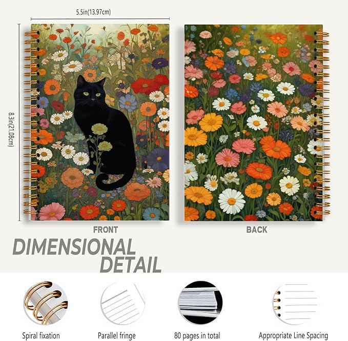 Wildflower Black Cat Notebook, Cats Lover Mom Lady Gifts, Black Kitten Floral Journal, Cat Office Supplies, Perfect Otebooks for School Officen 5.5x8.3 Inch