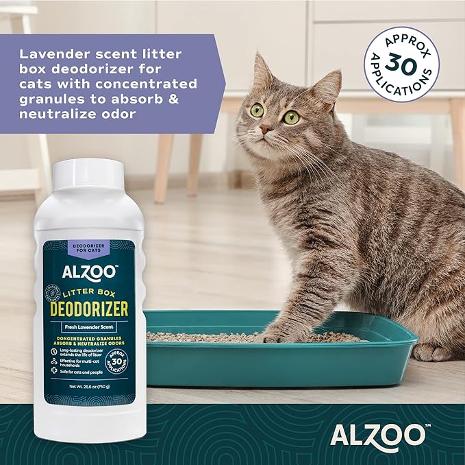ALZOO Cat Litter Deodorizer, Concentrated Granules Absorb & Help Neutralize Odors, Mineral-Based Active Ingredients, Up To 30 Uses, Fresh Lavender Scent, 26.6 Oz.