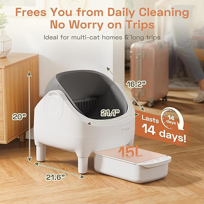 WARCAT Litter Box – Electric Automatic Self-Cleaning, Open-Top Design, Smart APP Control, 15L Large Waste Bin, Easy Odor Control, Includes Trash Bags & Mat (Grey)