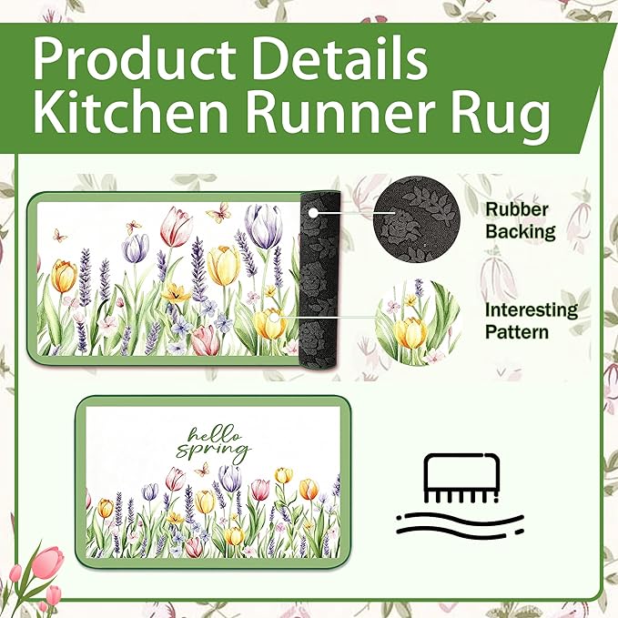 10 Pcs Tulip Floral Spring Style Kitchen Decor and Accessories Set 4 Kitchen Towels 2 Pot Holders 2 Oven Mitts 2 Rugs for Cooking Baking Mom Housewarming Gifts(Green and White)