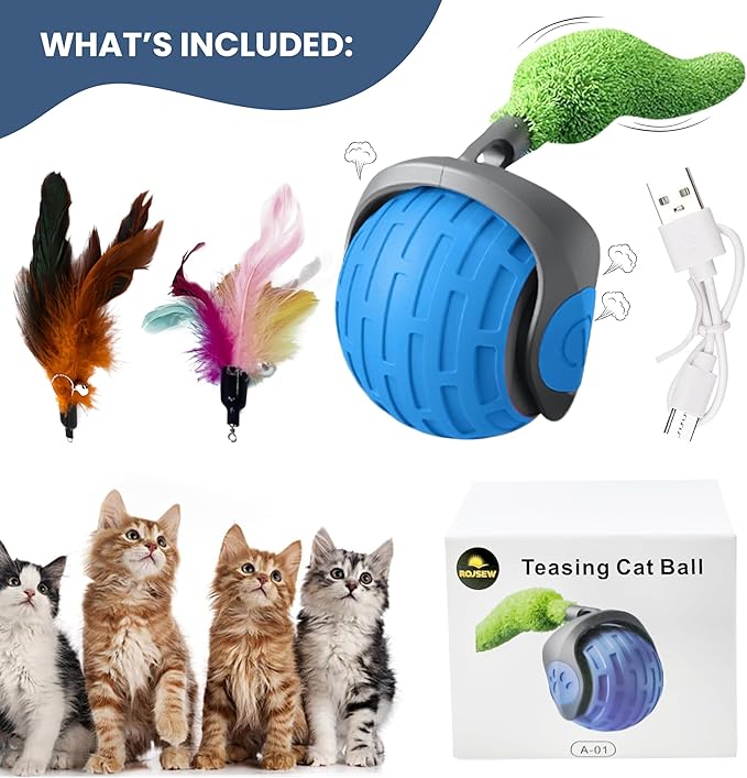 Speedy Tail 2.0 Interactive Cat Toy – Smart Self-Moving Ball with 3 Feather Tails, Rechargeable USB Powered, Quiet Motor, Indoor Pet Toy for Cats & Small Dogs