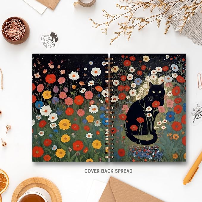 Black Cat Notebook, Moody Floral Botanical Cat Journal for Writing, Black Cat Lovers Gifts for Women, Cottagecore Aesthetic Spiral Notebook 5.5x8.3 Inch