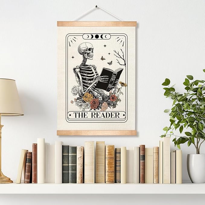 HEYJEEPER The Reader Gothic Skeleton Tarot Card Wall Art Decor, 14x18inch Canvas Wall Hanging Poster wiht Wood Hanger,Reading Wall Decor for Bedroom,or Library (Reader)