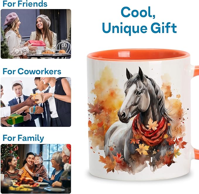 Hyturtle Fall Horse Coffee Mug - Birthday Gifts For Horse Lovers - Fall Autumn Decor Gifts For Farmhouse Thanksgiving - Horses Gift For Women - 11oz Two Tone Orange/White Ceramic Coffee Tea Mug Cup