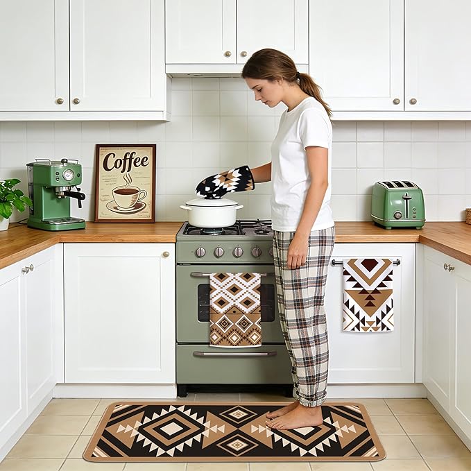 10 Pcs Western Aztec Kitchen Decor and Accessories Set 4 Kitchen Dish Towels 2 Pot Holders 2 Oven Mitts 2 Rugs for Floor Home Decorations Cooking Baking Mom Daughter Gifts Black White Brown