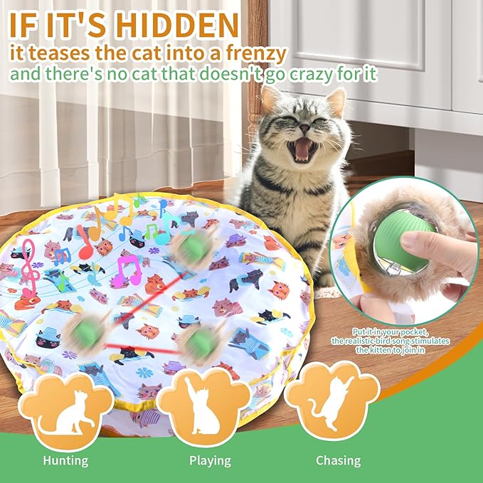 Interactive Cat Toys Fast Rolling Ball in Play Pouch, Motion Activate Chirping Cat Toy Hide and Seek Mouse Catching Game, 28 Inch Play Pouch for Cats