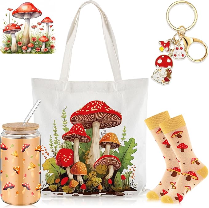 Paterr 4 Pcs Mushroom Gifts for Women Mushroom Lover Gift for Mother's Day Birthday Decorations, with Canvas Tote Bag 16oz Glass Coffee Cup with Straw Socks Cute Keychain
