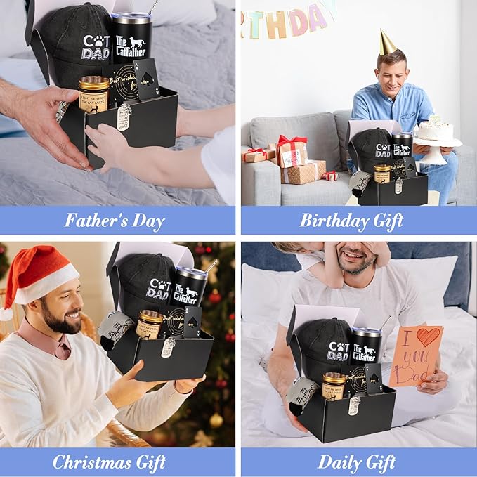 8 Pieces Cat Dad Gifts for Dad, for Dad,Cat Gift for Cat Lovers Including Tumbler Socks Keychain Hat Bottle Opener Greeting Cards Sented Candle