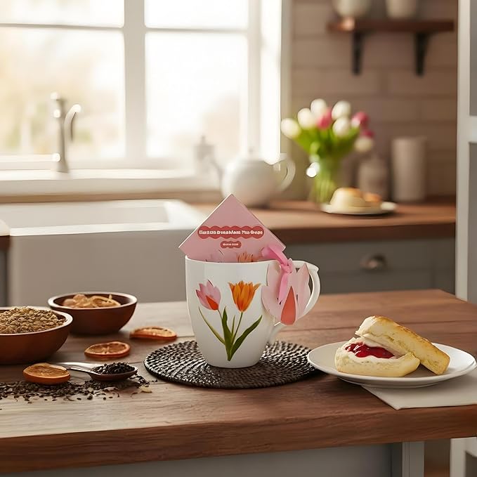 Floral Tulip Mug Gift Set Ceramic Tea Mug with Tulip Design, Includes English Breakfast Tea Gift Boxed – Perfect Mother’s Day, Birthday or Thank You Present for Her