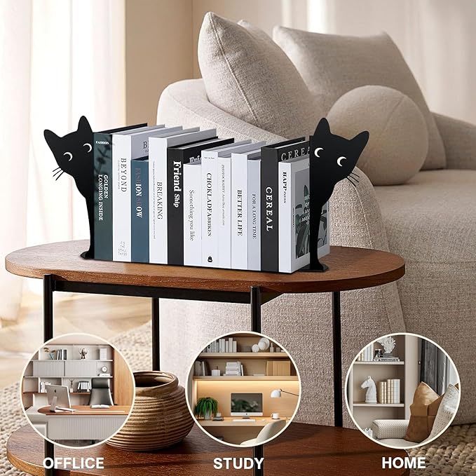 2 Sets Peeping Cat Bookends,Metal Cat Book Ends for Heavy Books for Shelves Decorative,Bookshelf Decor Home Office Desk for Cat Lover Gifts Black (Cat 2PCS)