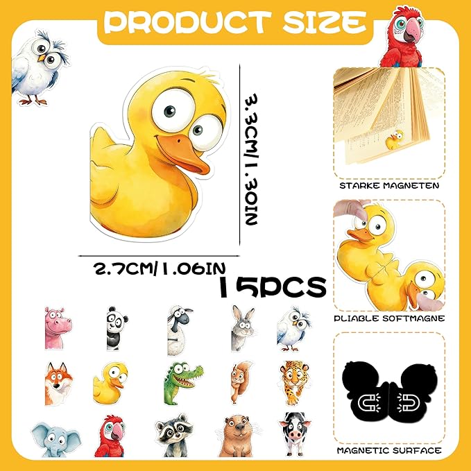 Cute Magnetic Bookmarks Gifts - 15 Pcs Funny Duck Panda Bookmark for Women Kids Book Lovers Students Bookworms Birthday Graduation Gift Magnet Page Clips School Office Reading Accessories