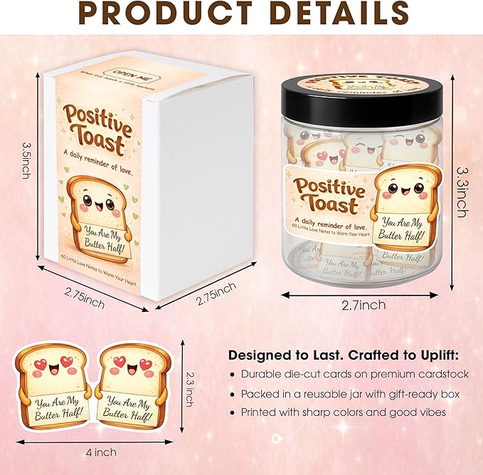 Positive Toast Jar – Cute Toast Love Notes with 60 Romantic Messages, Gifts for Her Him Loved One, Romantic Present for Boyfriend Girlfriend, Funny Wedding Anniversary Birthday Gift for Women Men Couples Wife Husband Valentines Day