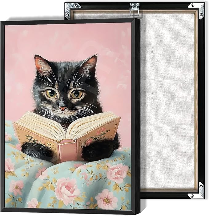 Vintage Cute Cat Canvas Wall Art Funny Cat Covered With Quilt Reading A Book Poster Trendy Cat Lovers Animal Aesthetic Prints Painting For Girls Room Bedroom Dorm Wall Decor 16x24in Framed