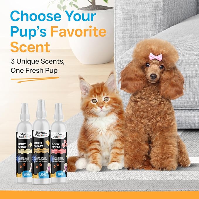 Alpha Dog Series Grooming Body Spray for Dogs & Cats – Long-Lasting Fragrance Deodorizing Mist with Aloe, Odor Eliminator, Alcohol-Free & Non-Toxic Pet Cologne - 8 fl. oz. (Sugar Cookie)