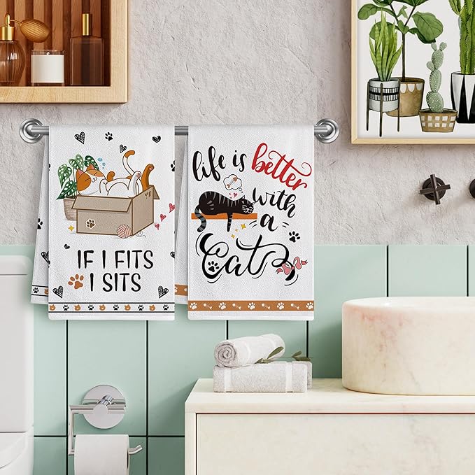 Hexagram Cat Kitchen Towels Set of 4, Cat Lover Gifts for Women, Funny Cute Housewarming Dish Hand Towels for Home Kitchen Decor