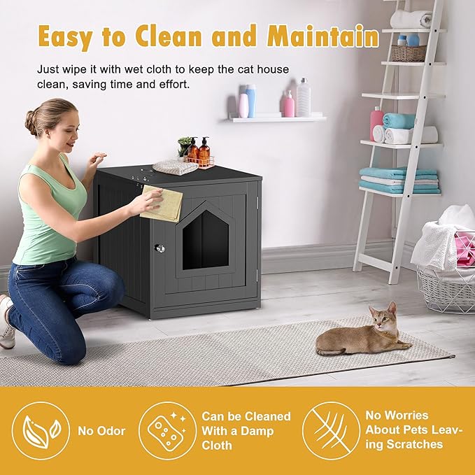 Cat Litter Box Enclosure Hidden Kitty Litter Box Furniture Indoor Cat Box Cabinet House Side Table Nightstand Washroom (Black)