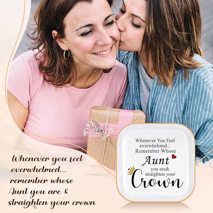 PUDDING CABIN Aunt Gifts from Niece Nephew - Straighten Your Crown Ceramic Jewelry Dish, Best Aunt Gifts for Birthday Mother's Day, Pregnancy Announcement Auntie Gift Trinket Tray