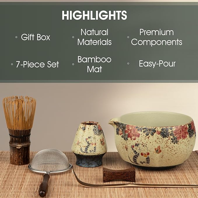 Matcha Whisk Set, 7-Piece Matcha Kit with Ceramic Bowl, Bamboo Whisk, Scoop, Sifter, Holder & Bamboo Mat – Premium Matcha Tea Set for Beginners & Matcha Lovers, Gift Ready