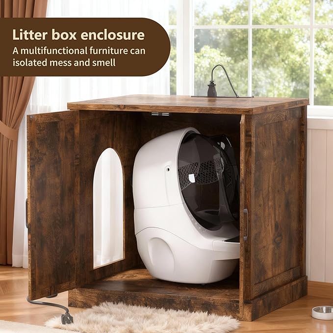Hey-brother Enclosure for Self Cleaning Cat Litter Box, Large Hidden Litter Box Furniture with Charging Station, Suitable for Automatic Cats Litter Boxes and Robot, Vintage, Rustic Brown JCLB004SR