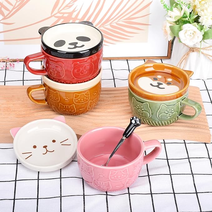Cute Cat Coffee Mug with Lid,Animal Tea Cup with Saucer Set,Kawaii Ceramic Mugs with Biscuit Holder and Spoon,Gifts for Women,Teacher,Friend,for Mothers Day,Easter,Christmas (Pink Cat)