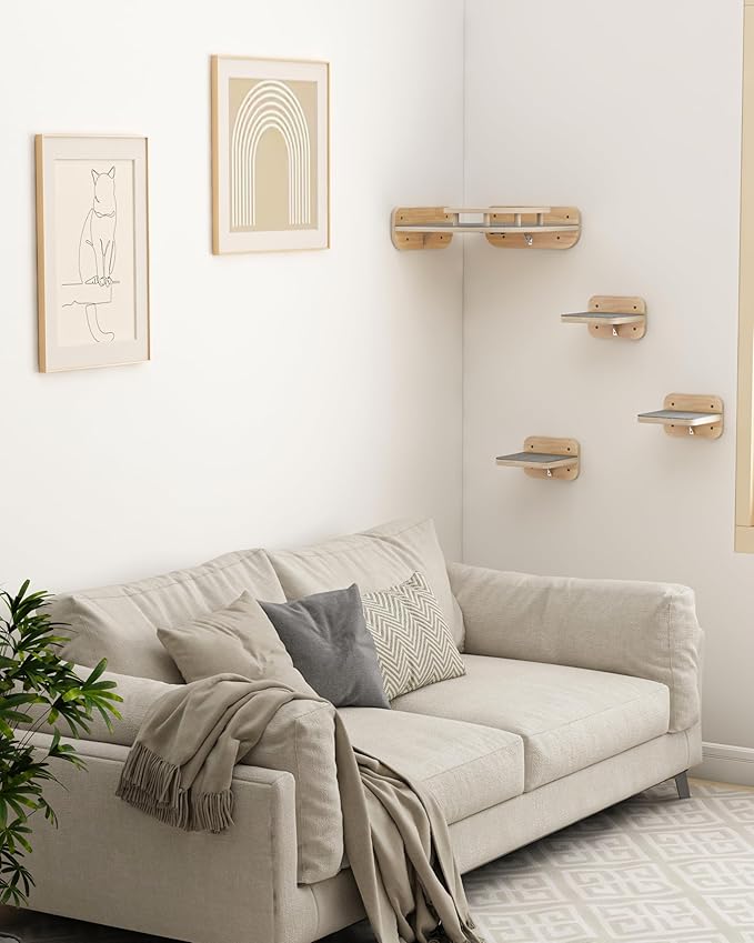 Megidok Cat Wall Furniture - Corner Climbing Shelf with 3 Wide Steps, Modern Floating Stairs for Indoor Cats up to 30 Lbs - Wood Color