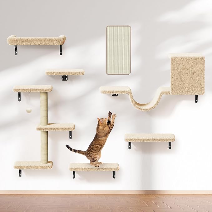 6-in-1 Wall Mounted Cat Climber Set for Heavy Cats,Wall Shelves,Stable & Safe Cat Furniture Set for Large Cats, Wooden Climbing Wall with Scratching Post (White)