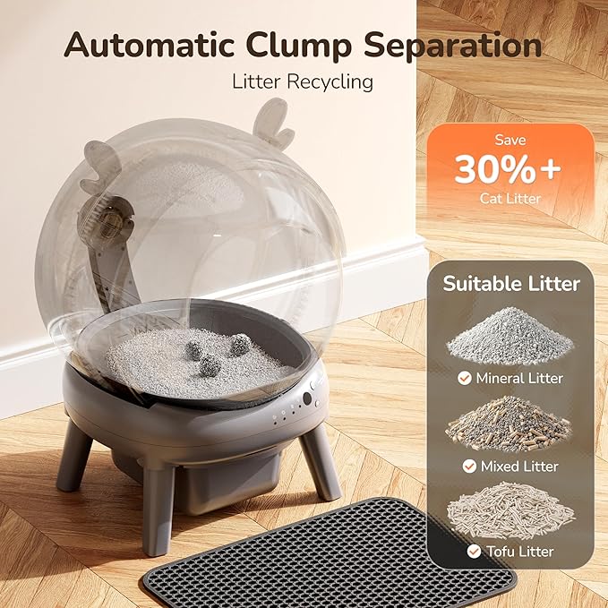 Automatic Self Cleaning Litter Box, Cat Litter Box with APP Control, 65L Globe & Dual Safety Sensors, Robot Litter Box, 1 Roll Garbage Bags and Litter Mat, <35DB, Grey