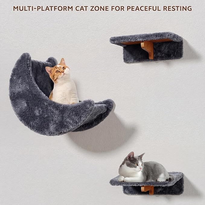 13-in-1 Cat Wall Shelves, Wall Mounted Cat Furniture Set with Plush Fabric, Cat Climbing Wall Systems, Cats Shelf with Moon Hammock, Condos, House, Step, Bridge Ladder, Scratching Post, Grey