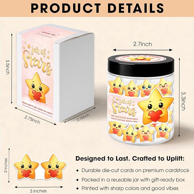 Miarita Jar Of Stars - 60 Emotional Support Affirmation Cards Long Distance Relationship Moving Away Farewell Goodbye Leaving Gifts for Women Friend Couple Boyfriend Girlfriend Coworker