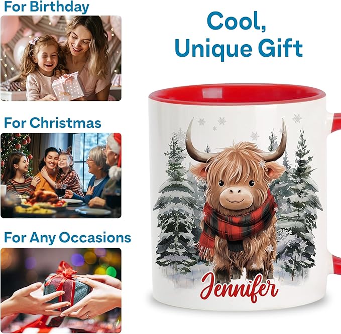 Hyturtle Personalized Winter Highland Cow Coffee Mug - Birthday Christmas Gifts For Cow Lovers - Cute Cows Gifts For Boys Girls Women - Highland Cows 11oz Two Tone Color Red/White Ceramic Tea Mug Cup