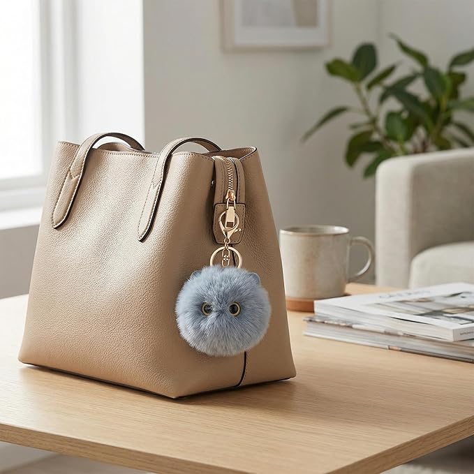Cute Blue Cat Plush Keychain - Kawaii Ocean Cat Pom Pom Bag Charm, Cool Keychain for Backpack Purse, Gift for Boys Girls Women