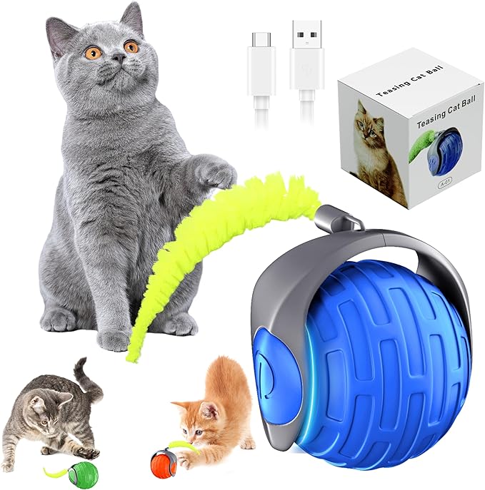 Cat Toys,Interactive Cat Toys Ball for Bored Indoor Cats,Automatic Rolling,Drop Resistant and Obstacle Avoidance,2 Modes Adjustment,Fluffy Tail and USB Type-C Rechargeable（Blue）