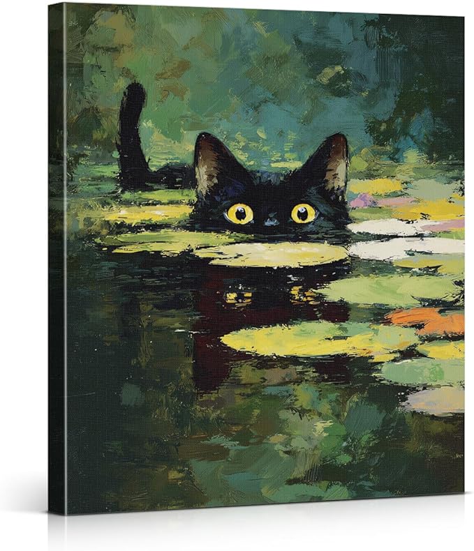 Vintage Cat Pond Wall Art Decor Funny Kitten in Lily Pond Print Picture Cat Lover Gifts Wall Decor for Home Living Room 8x10 Inch Canvas Framed