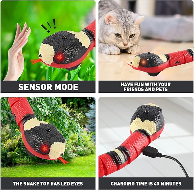 Cat Toys Snake Interactive,Kitten Toys,Realistic Smart Sensing Snake Toy,USB Rechargeable,Automatically Sense Obstacles and Escape,Electric Tricky Snake Cat Toys for Indoor Cats Dogs(Pink snake)