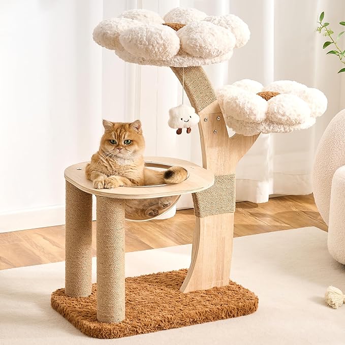 HITTITE Flower Cat Tree with Scratching Post, 36 Inches Cute Cat Tower with Wooden Branch Design, Modern Cat Climbing Tower with Flower Perches and Space Capsule for Indoor Cats Large Adult. White