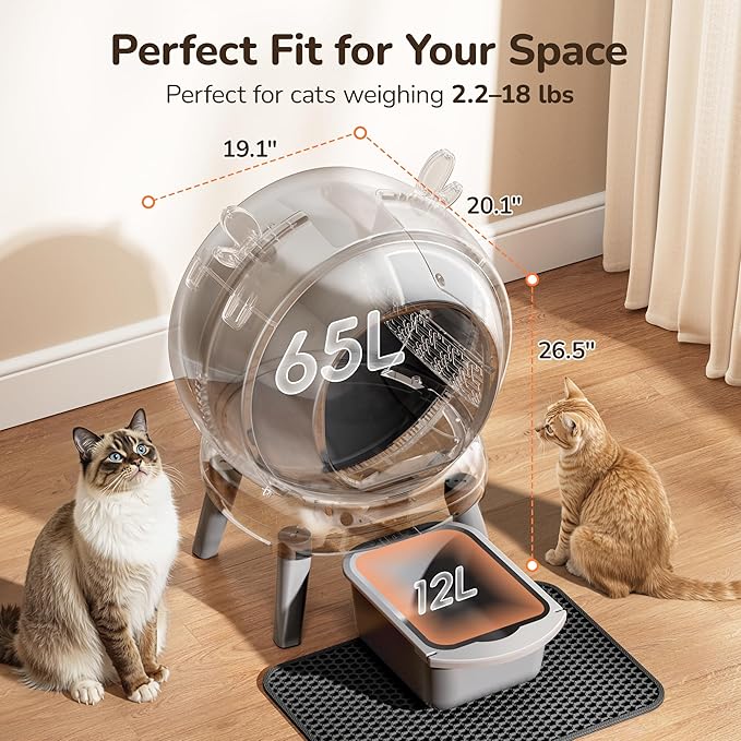 Automatic Self Cleaning Litter Box, Cat Litter Box with APP Control, 65L Globe & Dual Safety Sensors, Robot Litter Box, 1 Roll Garbage Bags and Litter Mat, <35DB, Grey