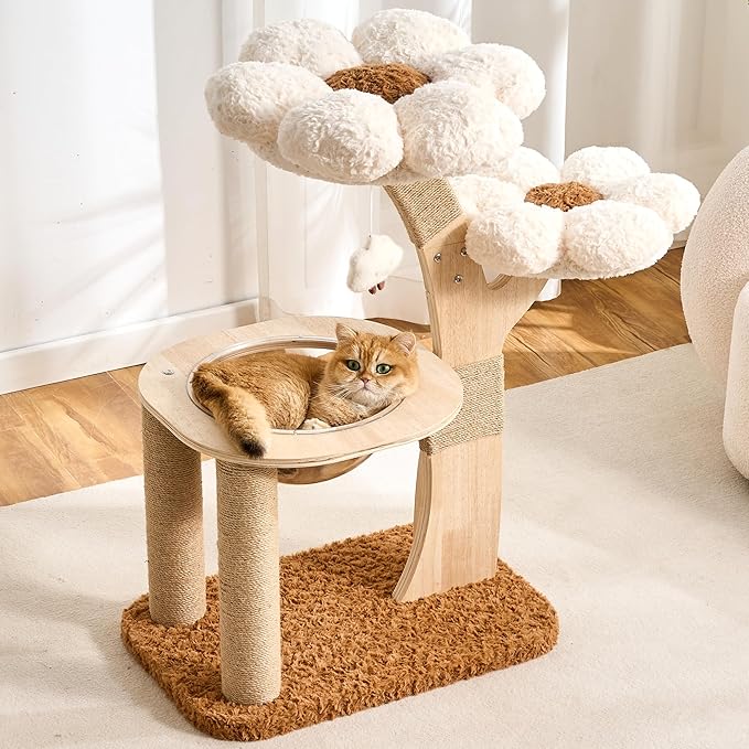 HITTITE Flower Cat Tree with Scratching Post, 36 Inches Cute Cat Tower with Wooden Branch Design, Modern Cat Climbing Tower with Flower Perches and Space Capsule for Indoor Cats Large Adult. White