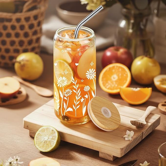 Joeyan Glass Cups with Lids and Straws - 20oz Daisy Iced Coffee Cup, Cute Floral Glass Tumbler for Smoothie Boba Tea, Boho Flower Drinking Glasses, Birthday Mothers Day Gift for Women, Mom, Friend