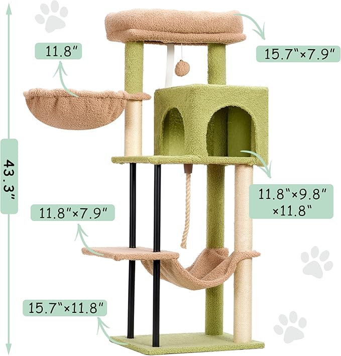 Gitelsnour Cat Tree, Cat Tower for Indoor Cats, 43.3 inch Cactus Cat Tree Tower with Sturdy Steel Tube, Hammock, Cat Condo for Small Cats and Kittens, Scratching Post, GCT004SGY