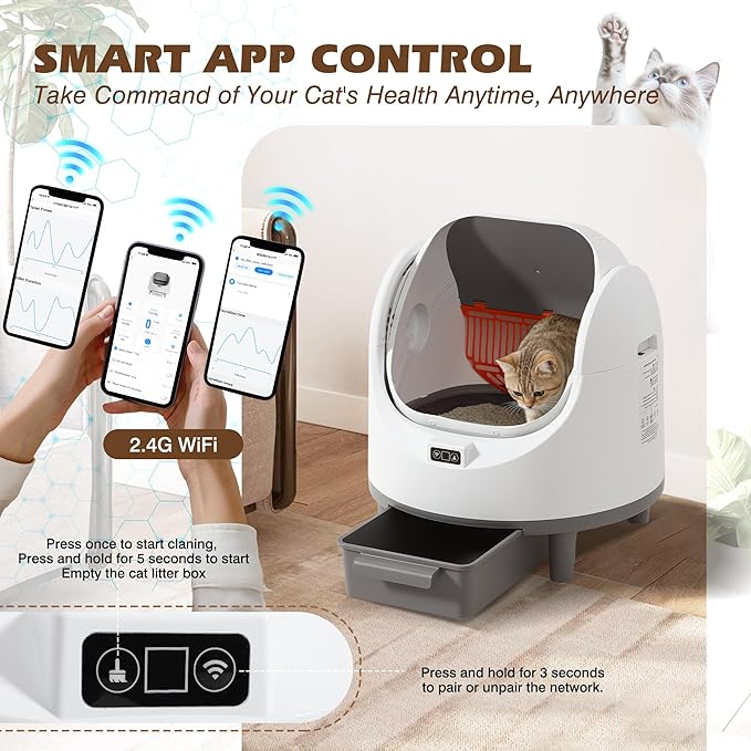Grepatio Automatic Cat Litter Box for Multiple Cat, Open-Top Self Cleaning Cat Litter Box with APP Control, Safe Anti-Pinch, Weight Monitoring, Litter Box Include Scent Cartridge, 2-Roll Garbage Bags