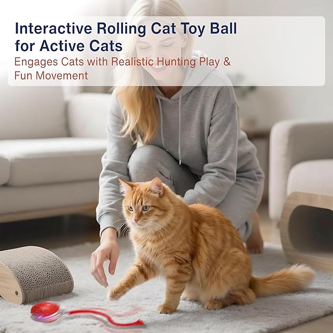 Interactive Cat Toy – Motion Activated Rolling Ball with LED Lights & 3 Play Modes & Two Different Tails - Best Toy for Indoor Cats & Kittens to Stay Active and Stimulate Hunting Instinct