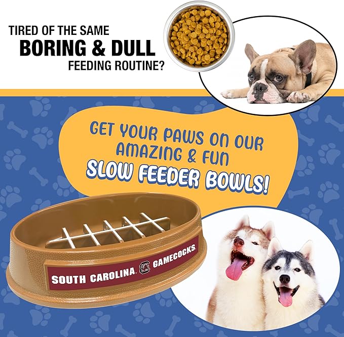 NCAA Super-Bowl - South Carolina Gamecocks Slow Feeder Dog Bowl. Football Design Slow Feeding Cat Bowl for Healthy Digestion. Non-Slip Pet Bowl for Large & Small Dogs & Cats