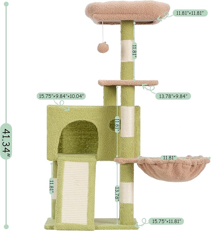 Gitelsnour Cat Tree, 42.1" Cat Tower for Indoor Kittens with Scratching Board and Posts, Multi-Level Cozy Cat Condo with 2 Perches, Hammock, Balls, Green and Yellow GCT005SGY