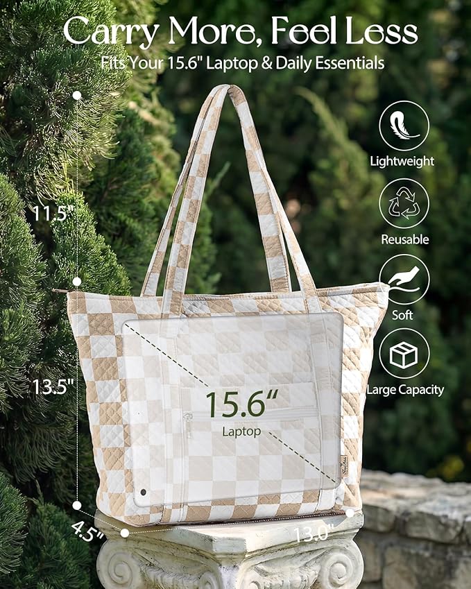 Miss Adola Quilted Tote Bag with Zipper - Laptop Tote Bag for Women, Large Capacity with Pockets for Work Teacher Travel