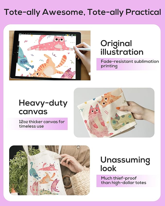 DYALE Canvas Tote Bag Double-Sided Prints with Snap Closure, Cute Tote Bag with Pocket for Shopping, Library, Work, Travel