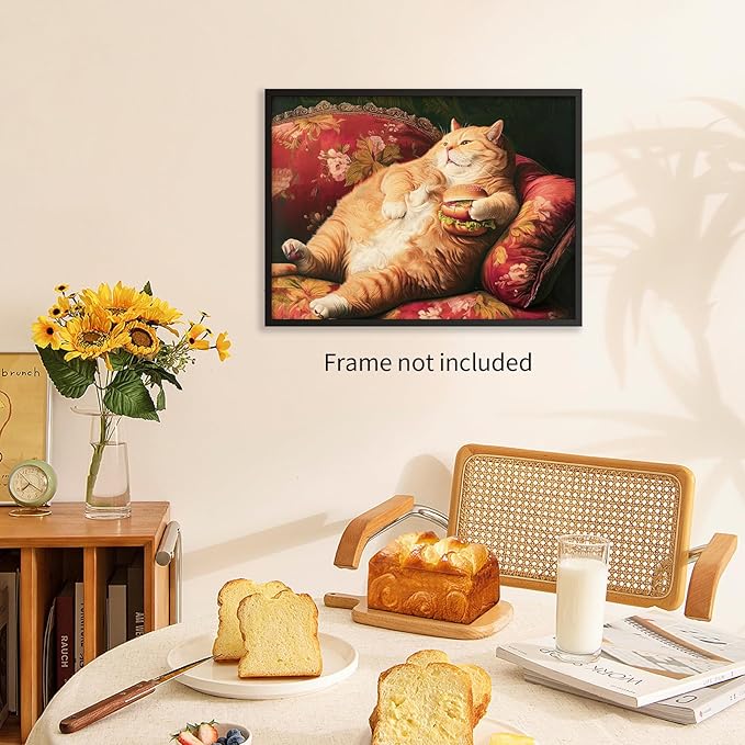OMANI Victorian Renaissance Canvas Poster Funny Fat Cat With Hamburger Wall Art Lying In Sofa Cute Cat Painting Wall Decor for Animal Lover Gift 08x10 inch Unframed