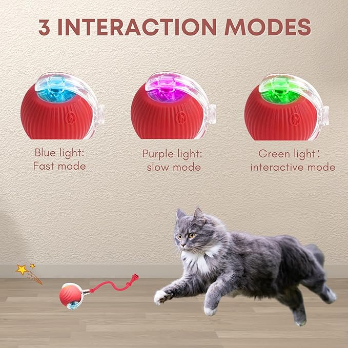 Interactive Cat Toys for Indoor Cats, 360° Automatic Moving Cat Ball, Rechargeable Rolling Ball, Toys for Indoor Interactive Kitten and Dog, Red