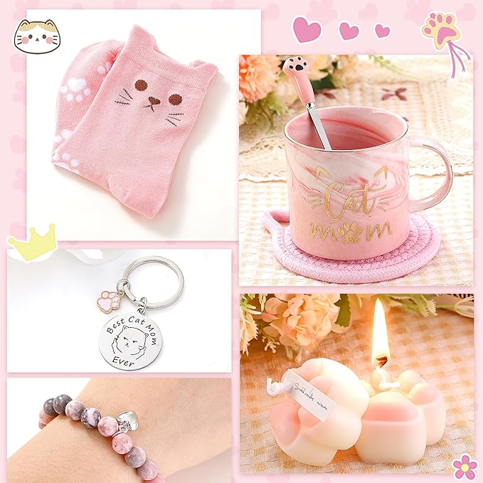 Didaey 12 Pcs Mother's Day Cat Lover Gifts for Mom Women Cute Blanket Socks Coffee Mug Cosmetic Bag Keychain Bracelet Cards Scrunchie Cats Themed Gift Set for Birthday Mom Ideas