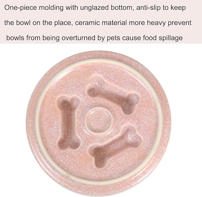 Ceramic Slow Feeder Cat Bowls 6 Inch Cute Bone Slow Feeding Dog Food Bowl,Whisker-Friendly, Anti-Vomiting Feeder for Cats and Small Dogs Non Slip Dishwasher/Microwave Safe (Pink)