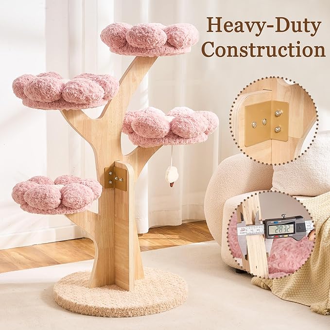 HITTITE Flower Cat Tree with Scratching Post, 48 Inches Cute Cat Tower with Wooden Branch Design, Aesthetic Modern Cat Climbing Tower with Flower Perches and Hanging Toy for Indoor Cats Large Adult.
